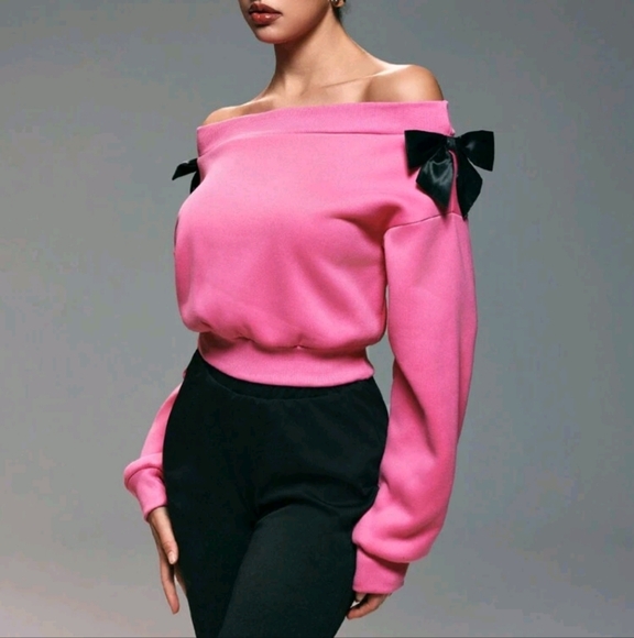 Women's Off Shoulder Bow Dropped Shoulder Long Sleeve Loose Sweatshirt - Picture 3 of 4